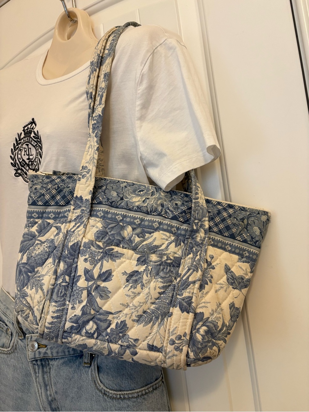 Vintage Vera Bradley Quilted Floral Tote in Blue and Cream